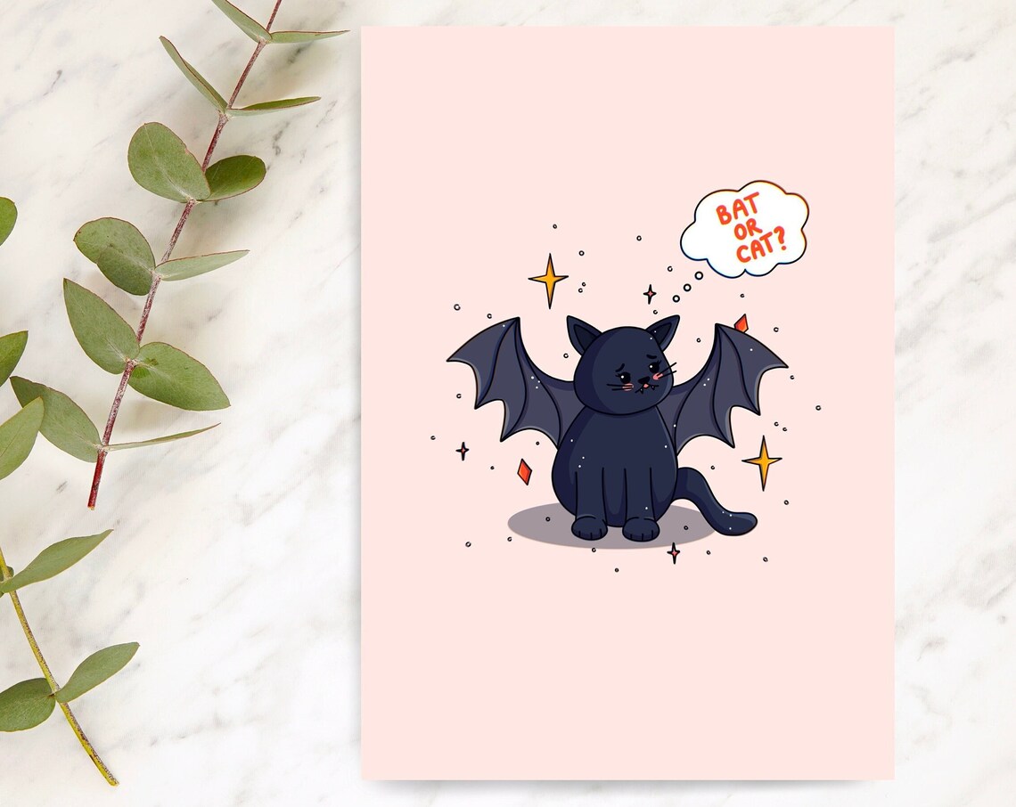 Cute Halloween Kawaii Black Cat Bat Wings Bat Or Cat Art Print - Image 5