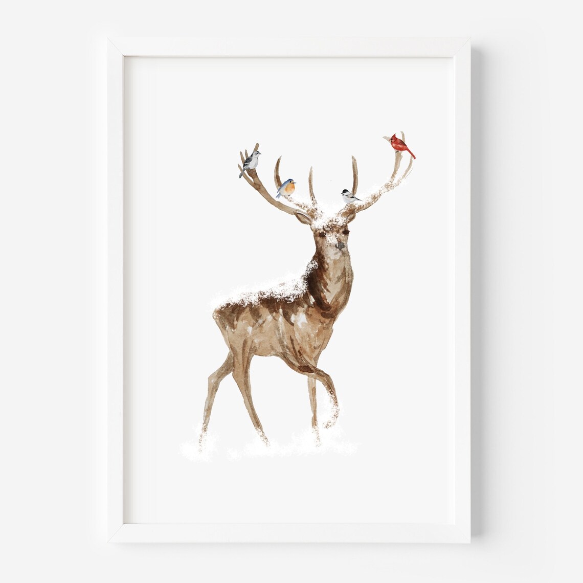 Winter Deer Watercolor Birds Perched On Snowy Antlers Art Poster - Image 2
