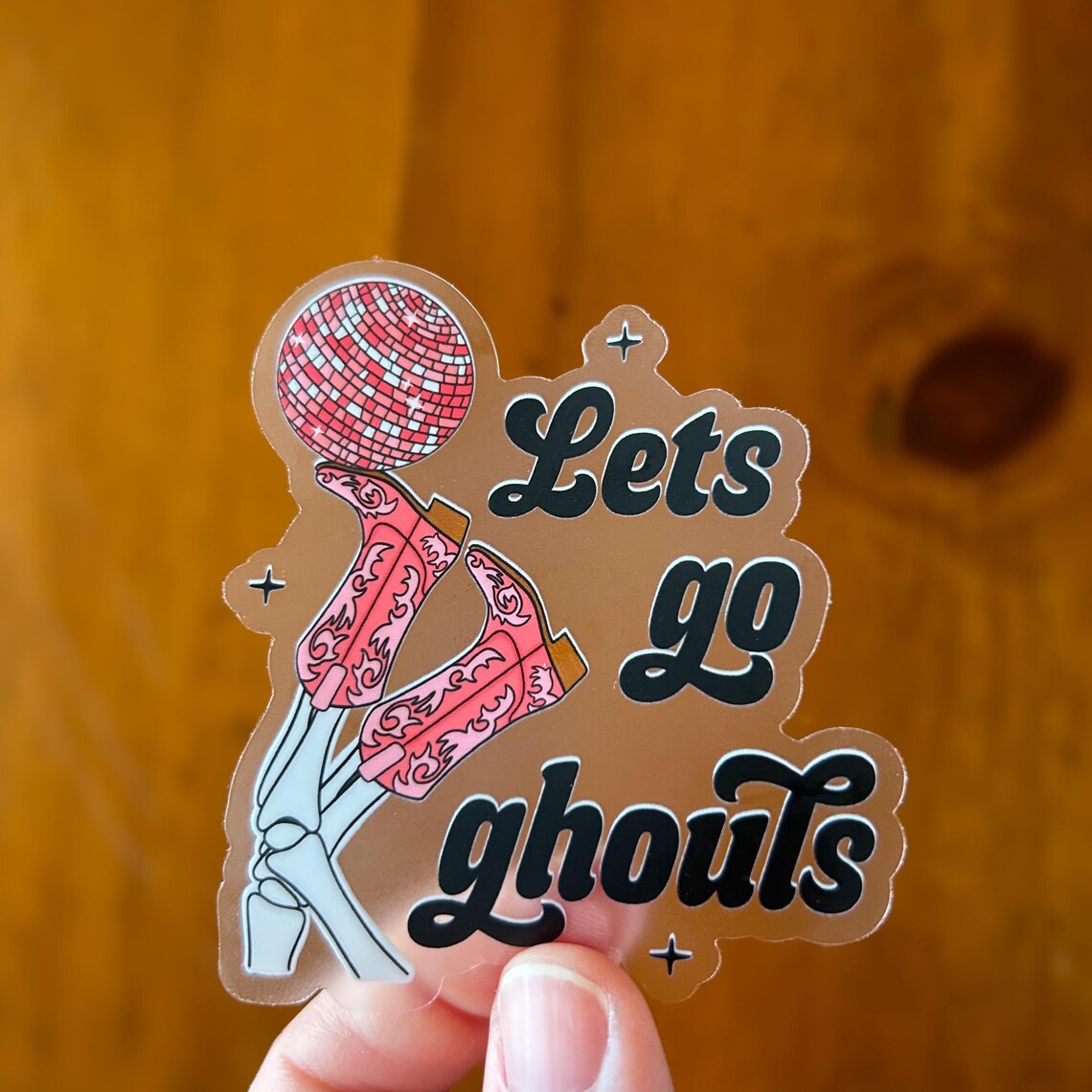 Lets Go Ghouls Skeleton Cowboy Boots Disco Ball Sticker Print - Image 2