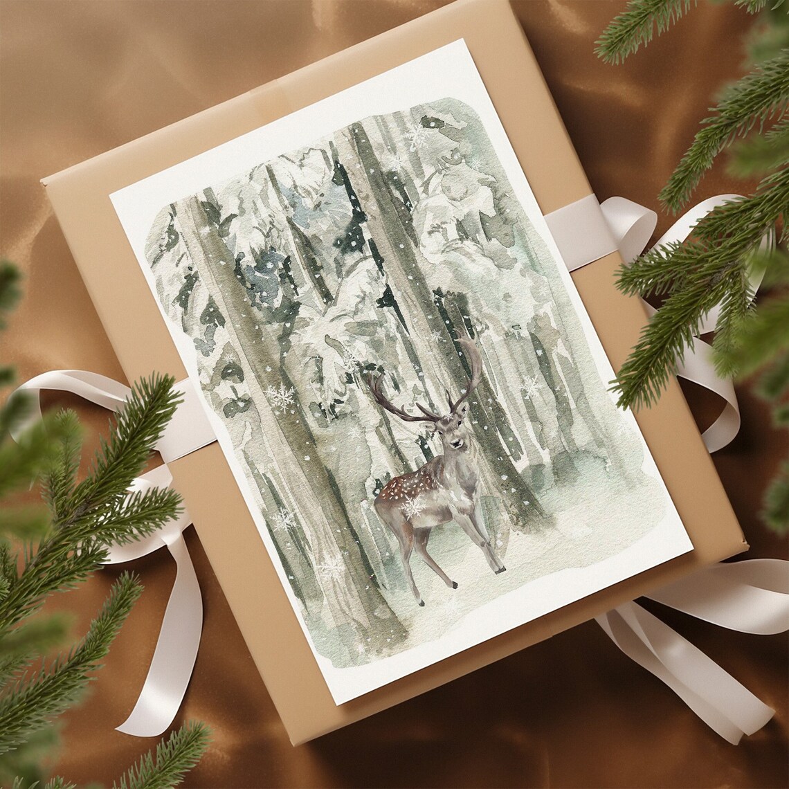 Majestic Deer in Snowy Birch Forest Watercolor Winter Woodland Poster - Image 3