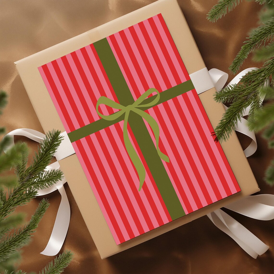Striped Christmas Gift Box With Green Ribbon Bow Holiday Poster