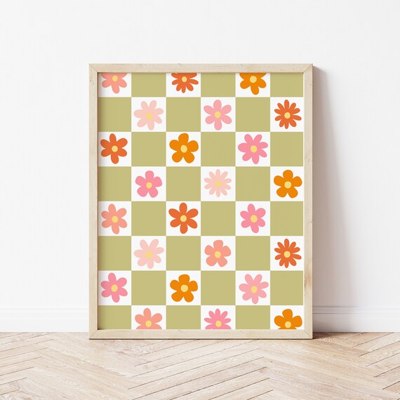 Checkered Groovy Flower Pattern Green Retro Daisy Spring Wall Art