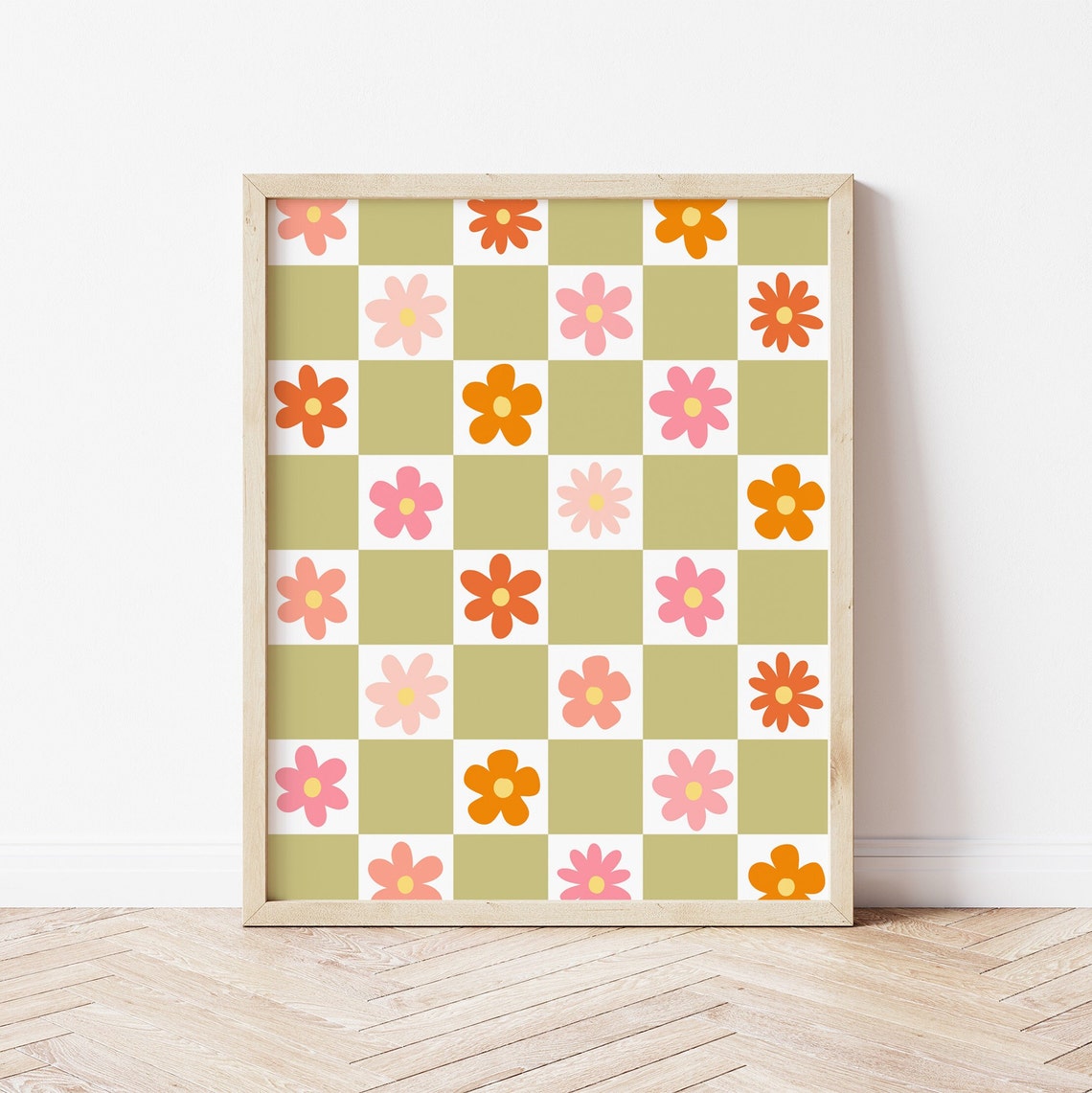 Checkered Groovy Flower Pattern Green Retro Daisy Spring Wall Art