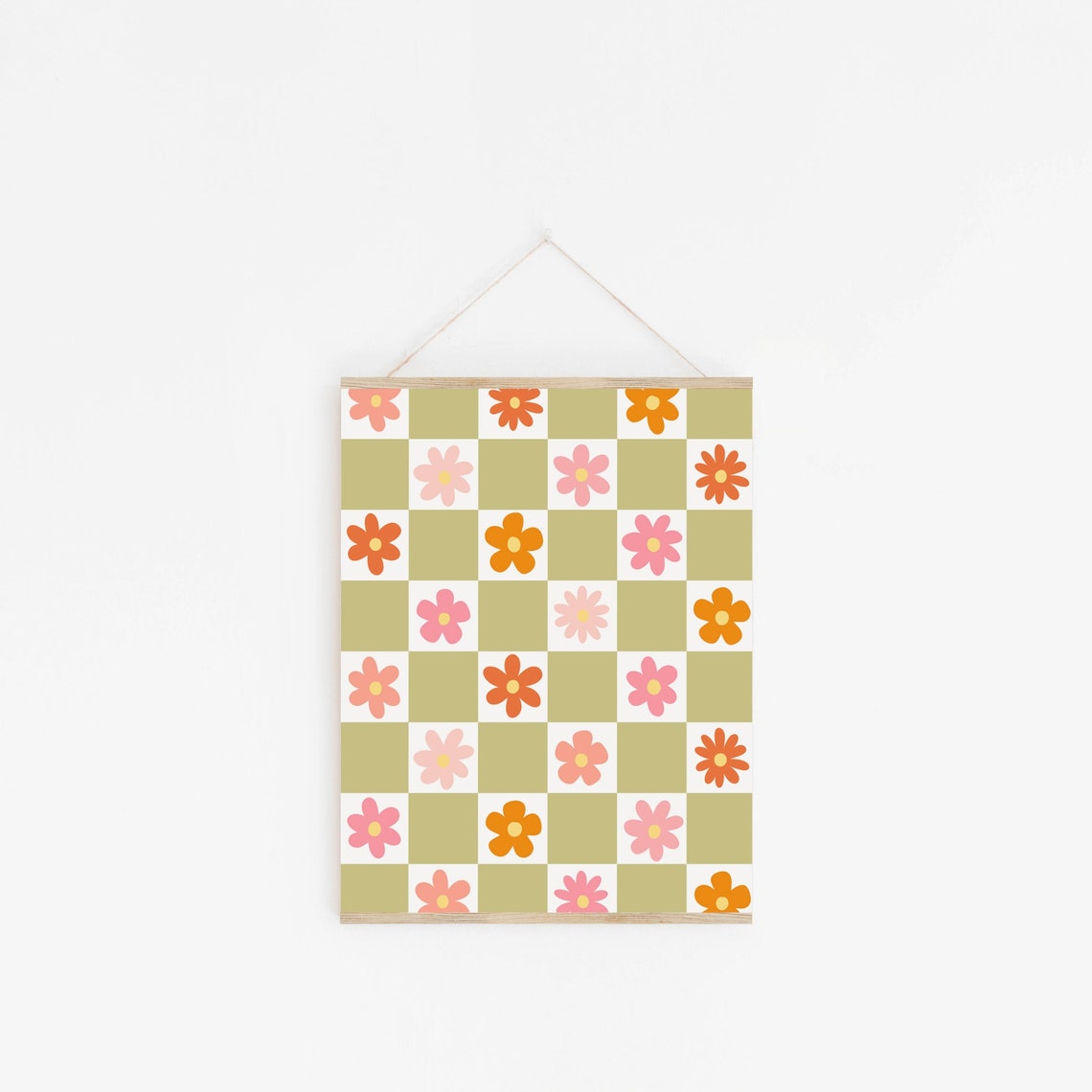 Checkered Groovy Flower Pattern Green Retro Daisy Spring Wall Art - Image 2
