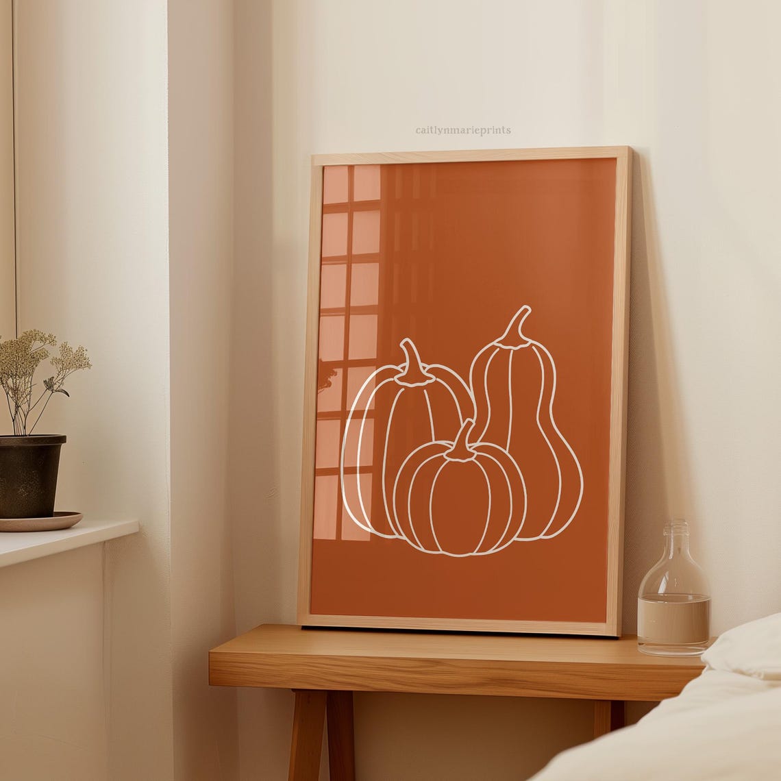 White Line Art Pumpkins and Gourd on Burnt Orange Fall Poster - Image 2