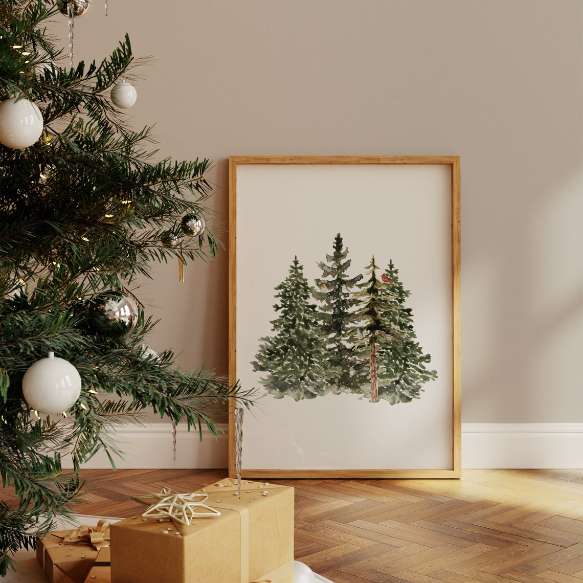 Watercolor Pine Trees Cluster with Cardinal Winter Woodland Poster - Image 2