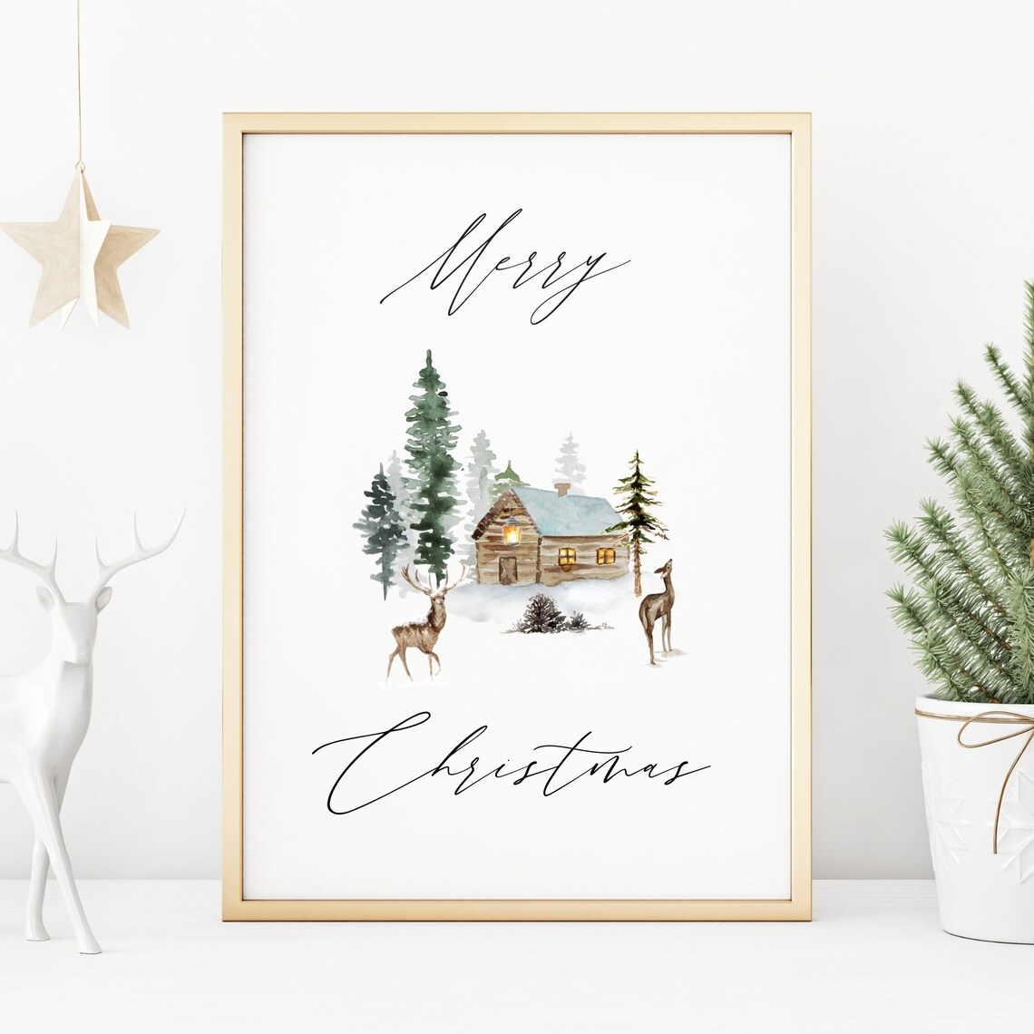 Merry Christmas Watercolor Cabin Deer Pines Cozy Holiday Art Poster - Image 4
