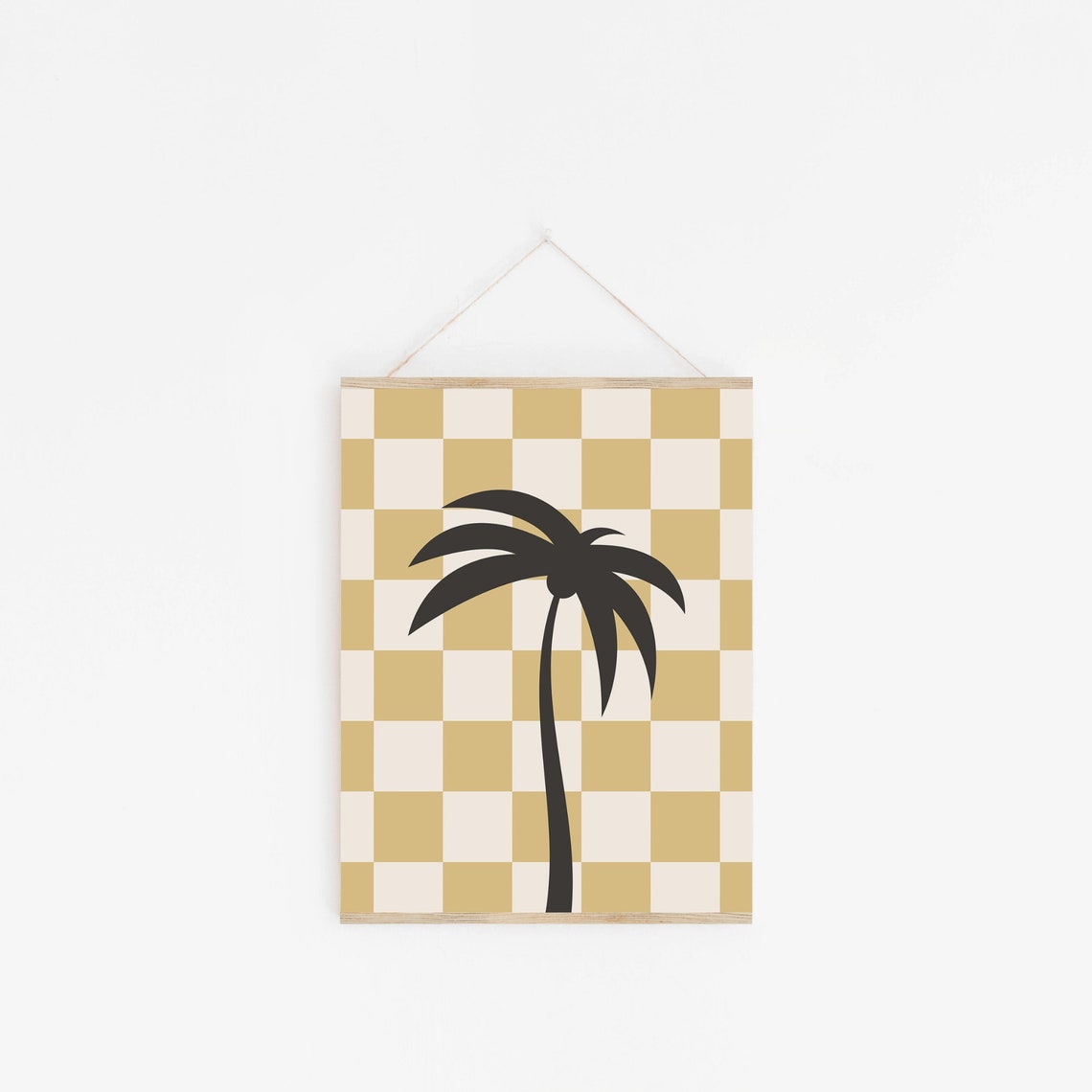 Boho Palm Tree Silhouette Tan Checkered Tropical Beach Wall Art - Image 3