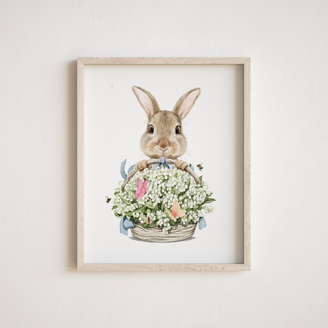 Watercolor Bunny Holding Flower Basket Lily Valley Nursery Poster