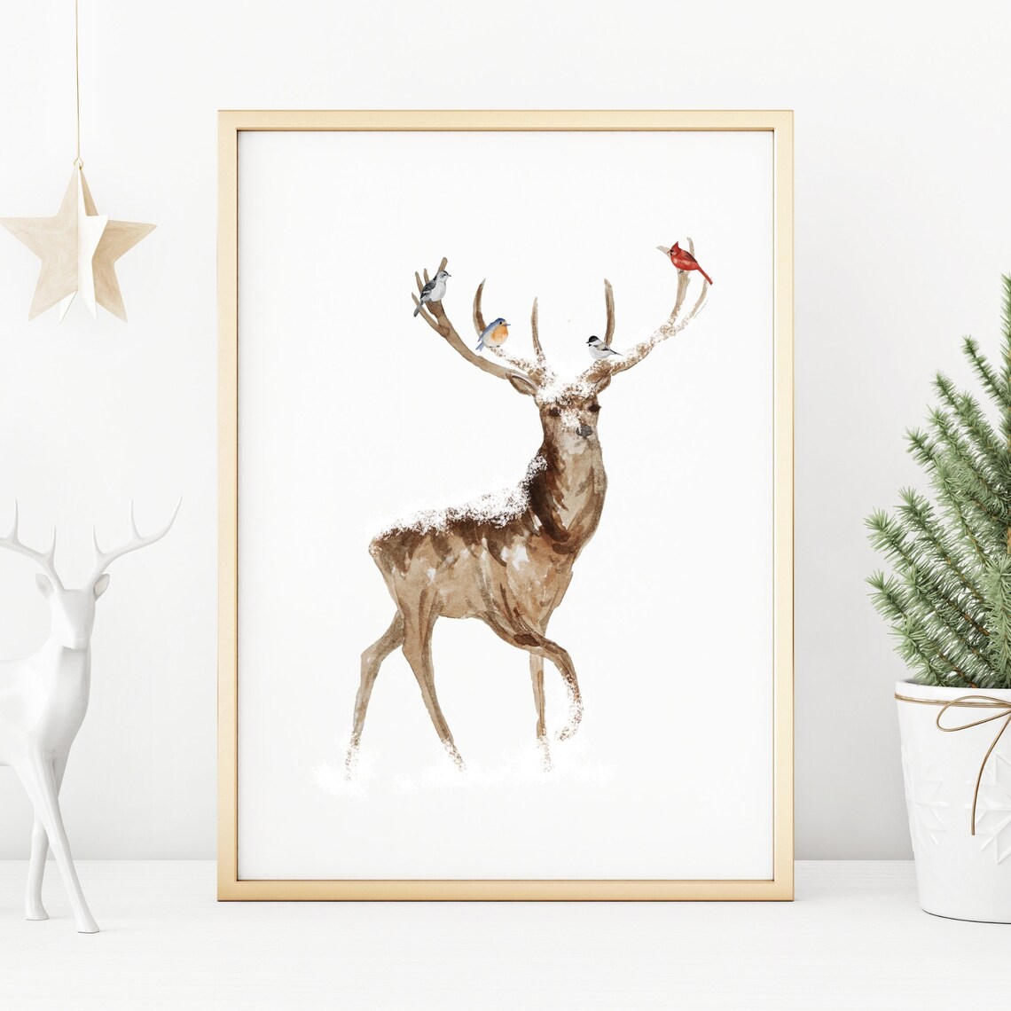 Winter Deer Watercolor Birds Perched On Snowy Antlers Art Poster