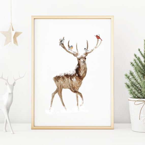 Winter Deer Watercolor Birds Perched On Snowy Antlers Art Poster
