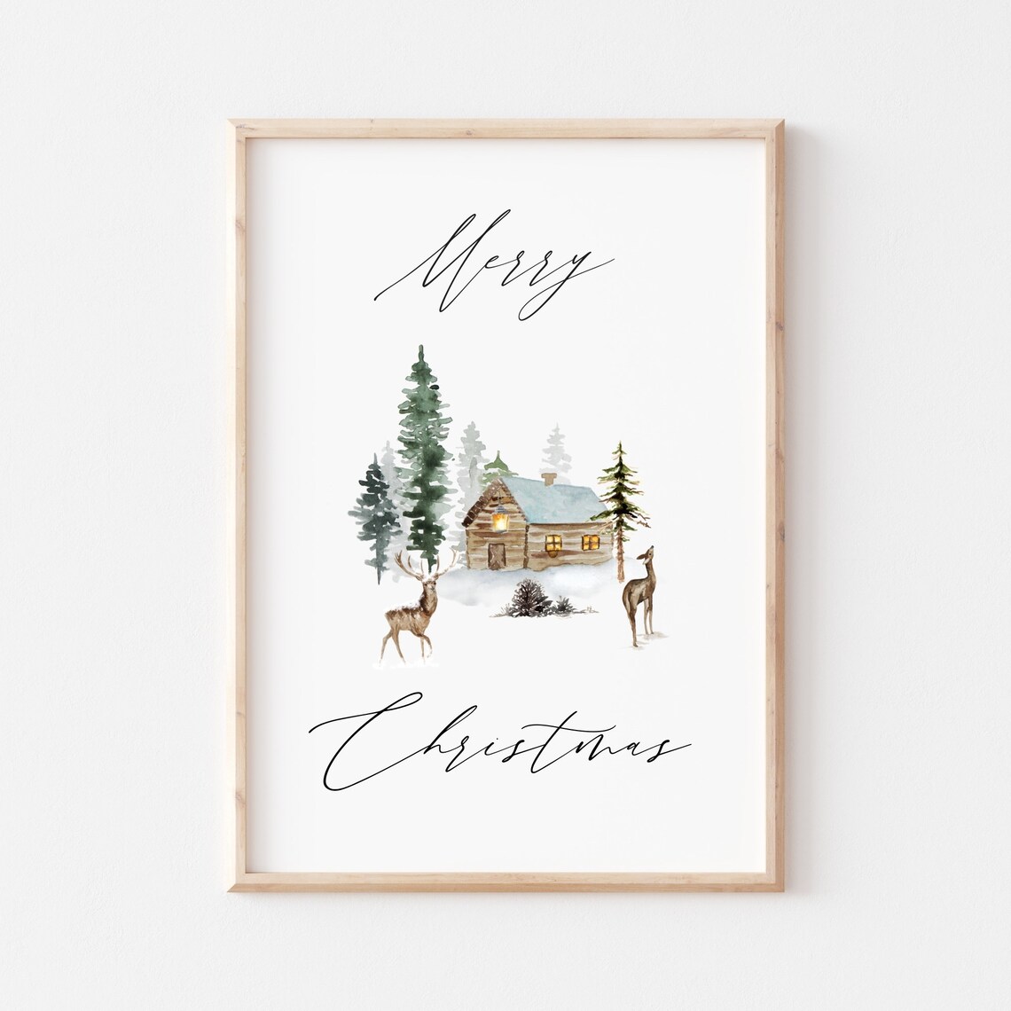 Merry Christmas Watercolor Cabin Deer Pines Cozy Holiday Art Poster - Image 2