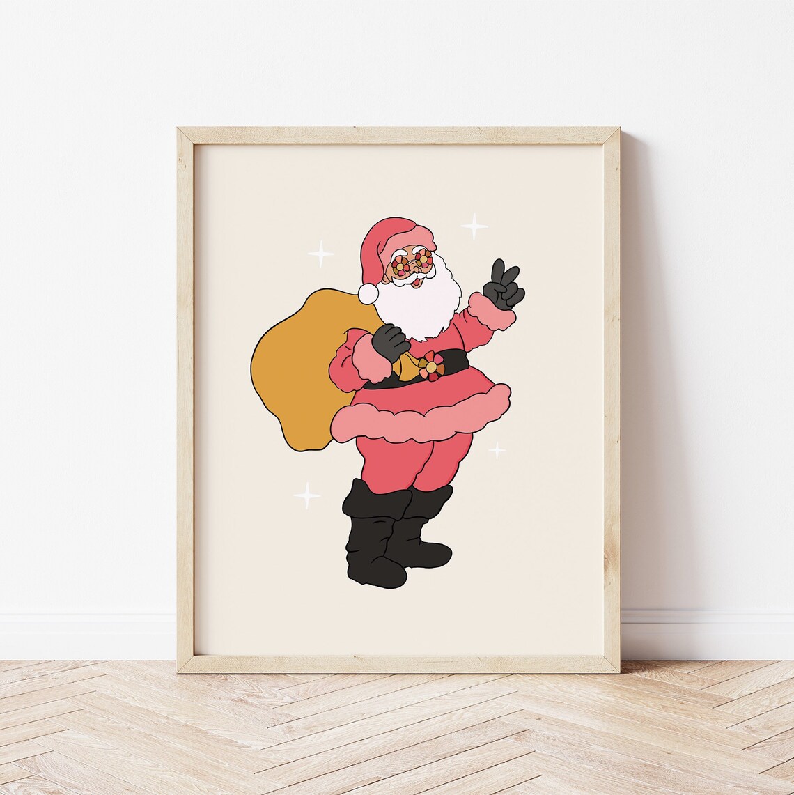 Groovy Santa Claus Peace Sign Retro Christmas Illustration Poster