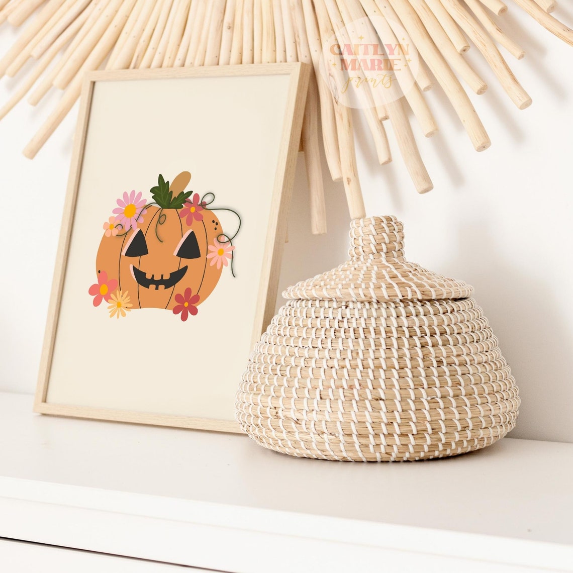 Cute Jack O Lantern Floral Daisies Sweet Halloween Pumpkin Art Poster - Image 3