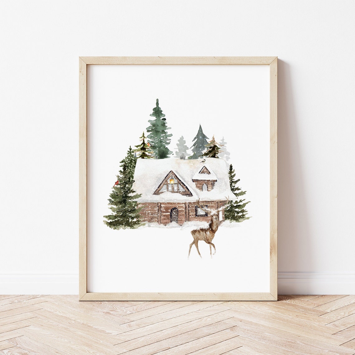 Snowy Log Cabin with Deer Winter Forest Watercolor Christmas Poster - Image 2