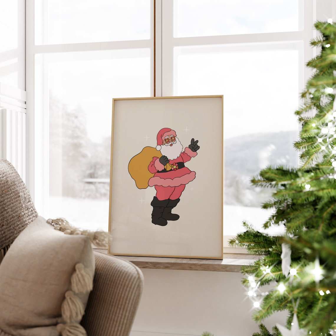 Groovy Santa Claus Peace Sign Retro Christmas Illustration Poster - Image 4