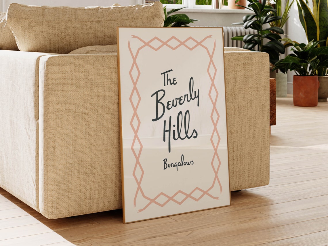 The Beverly Hills Bungalows Script Pink Border Hotel Sign Wall Art - Image 2