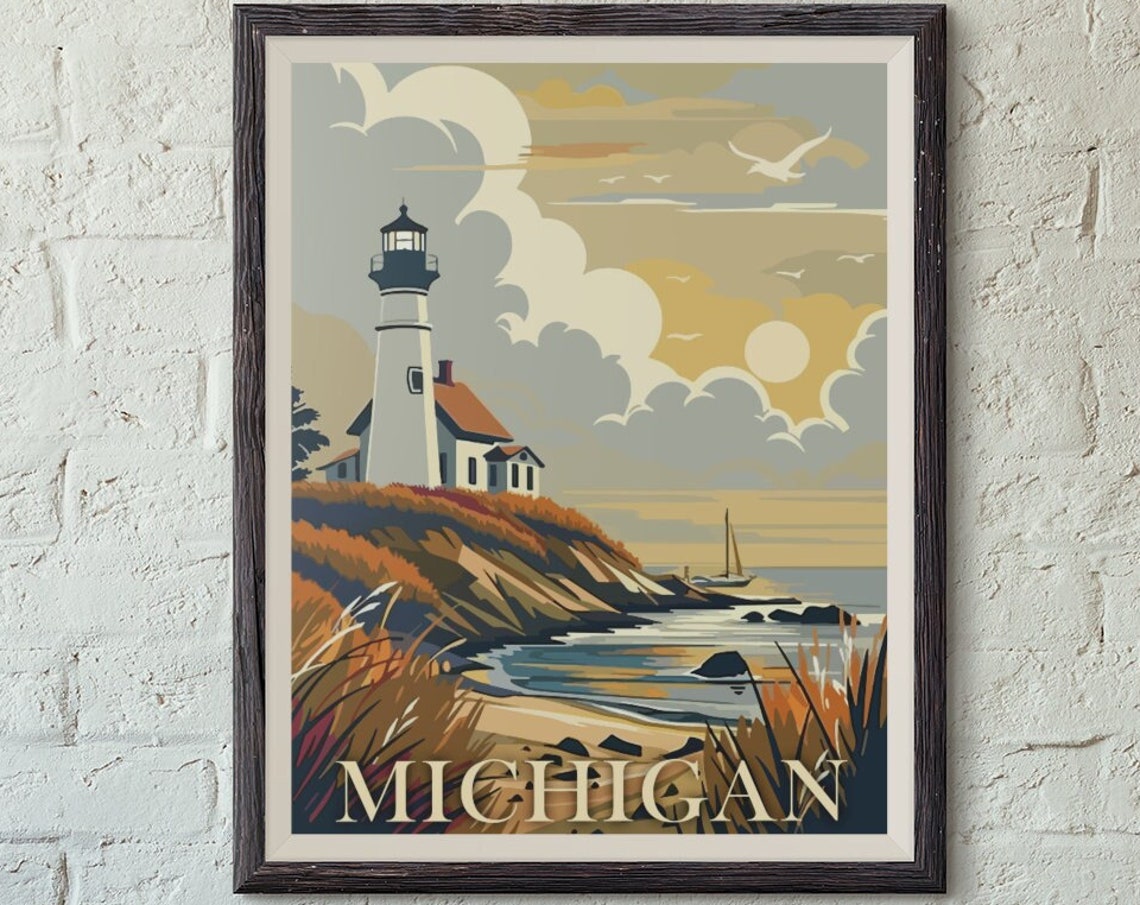 Michigan Lighthouse Cliff Sunset Sailboat Vintage Travel Poster