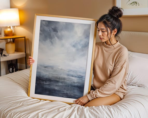 Moody Ocean Sky Watercolor Print Stormy Blue Abstract Seascape Wall Art Minimalist Coastal For Bedroom Or Office Poster