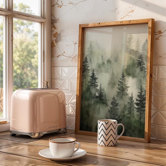 Misty Forest Watercolor Wall Art Moody Green Landscape Nature Inspired Decor For Bedroom Or Office
