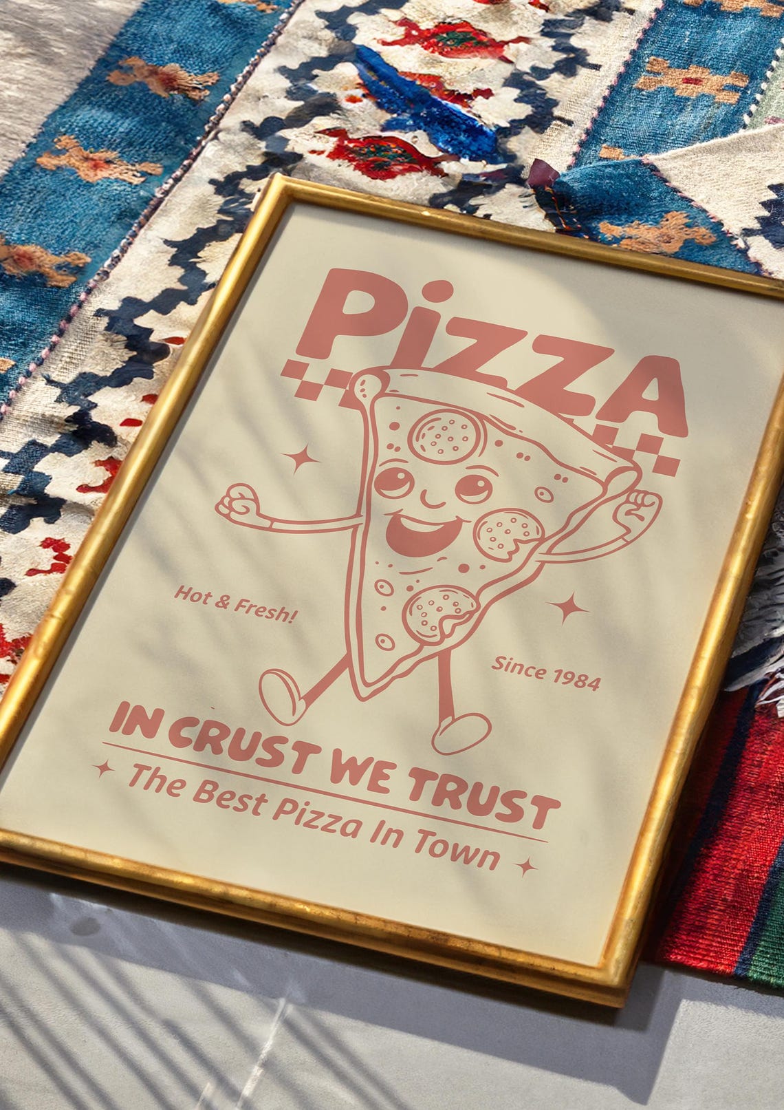 Retro Pink Pizza Mascot In Crust We Trust Fun Kitchen Decor Poster - Image 2