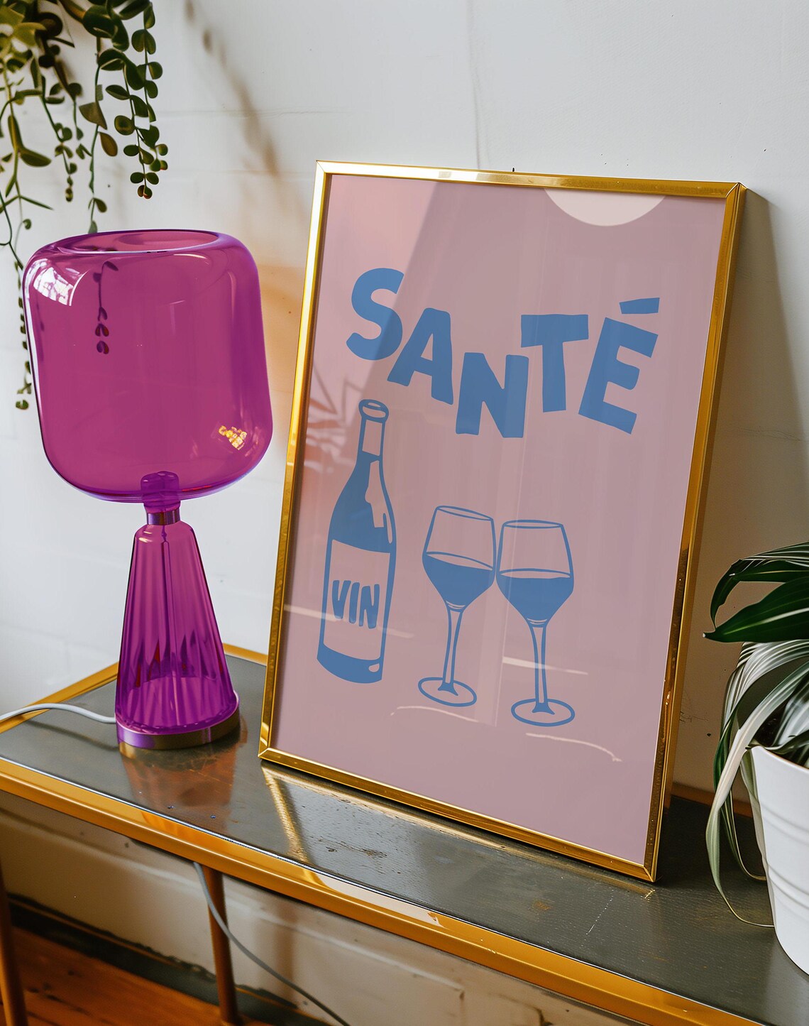 Santé French Blue Cheers Vin Bottle Wine Glasses Pink Bar Cart Poster