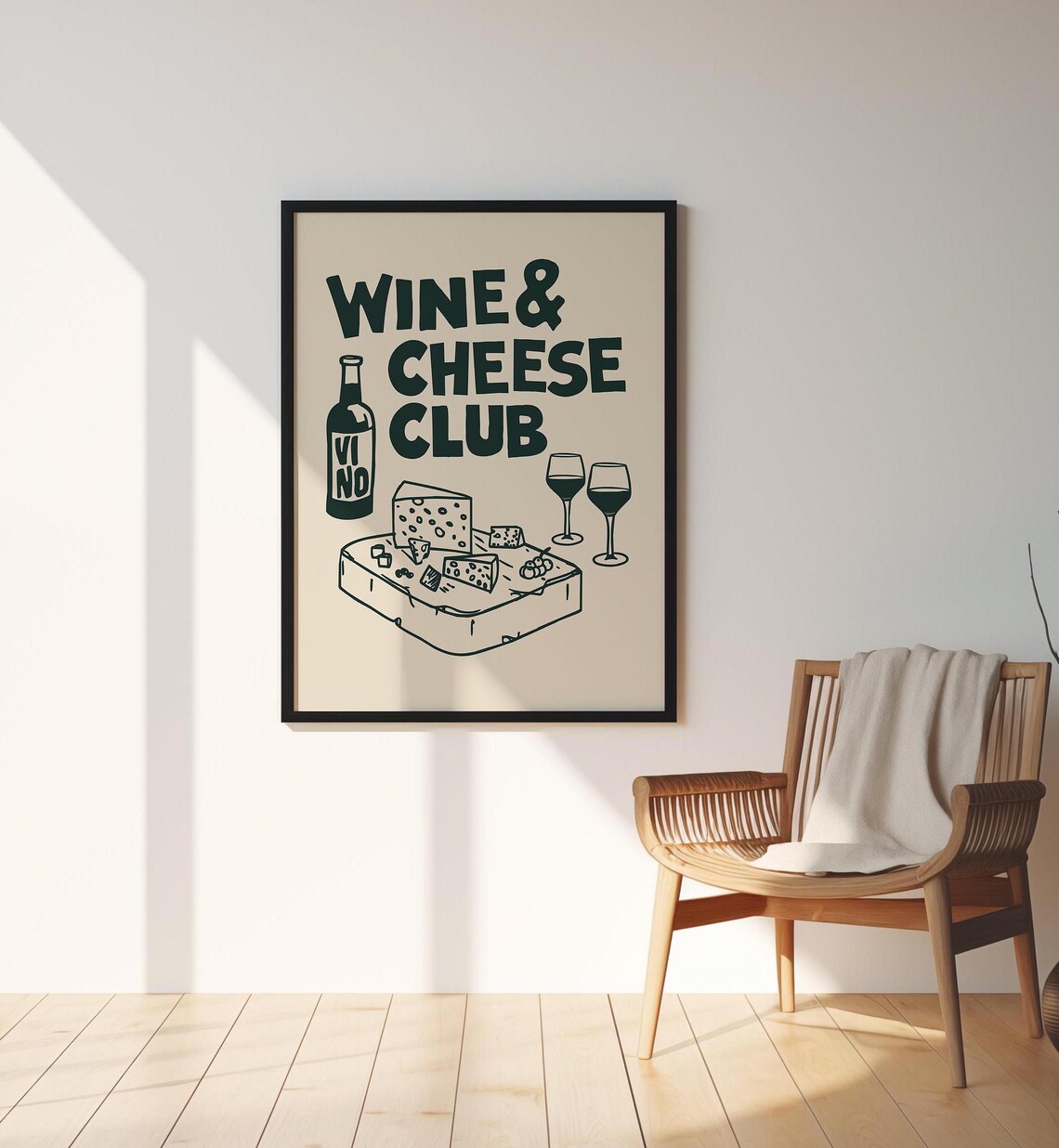 Wine Cheese Club Green Retro Kitchen Illustration Cream Vintage Poster - Image 3