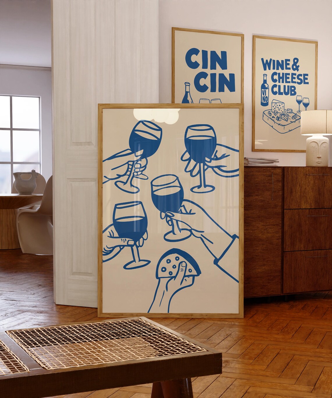 Blue Line Art Cheers with Wine Glasses and Cheese Kitchen Poster - Image 3