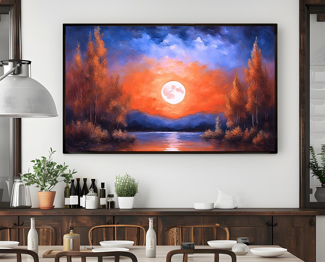 Full Moon Rising Over Reflective Autumn Lake Painting Poster