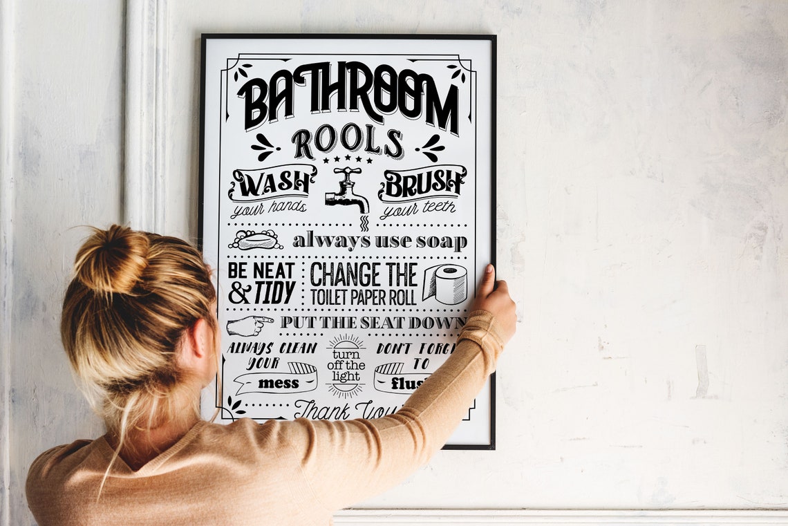 Bathroom Rools Funny Rules Sign Black And White Typography Poster - Image 6