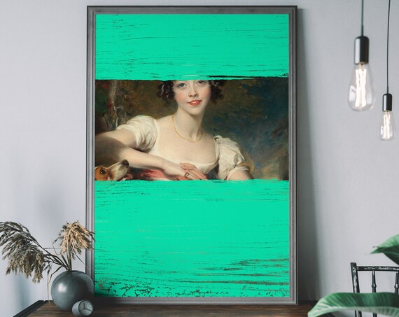 Vintage Portrait Altered Art Teal Painted Bands Eclectic Classic Poster