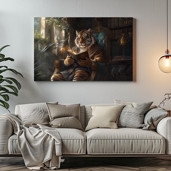 Tiger Reading Maximalist Eclectic Victorian Print Bold Altered Animal Portrait Fantasy Fun Colorful Renaissance Rustic Art