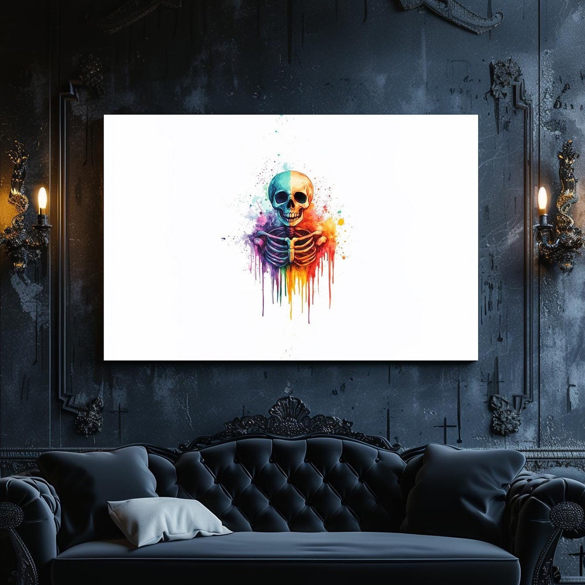 Small Rainbow Skeleton Bust Watercolor Drip Art Party Poster