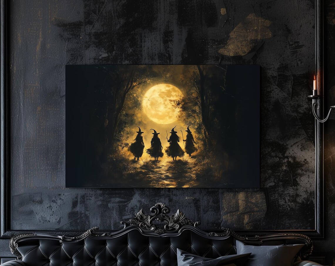 Four Witches Golden Full Moon Forest Night Walk Halloween Poster