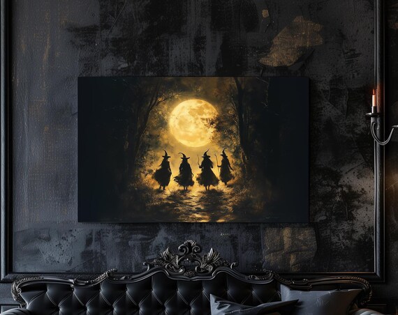 Four Witches Golden Full Moon Forest Night Walk Halloween Poster