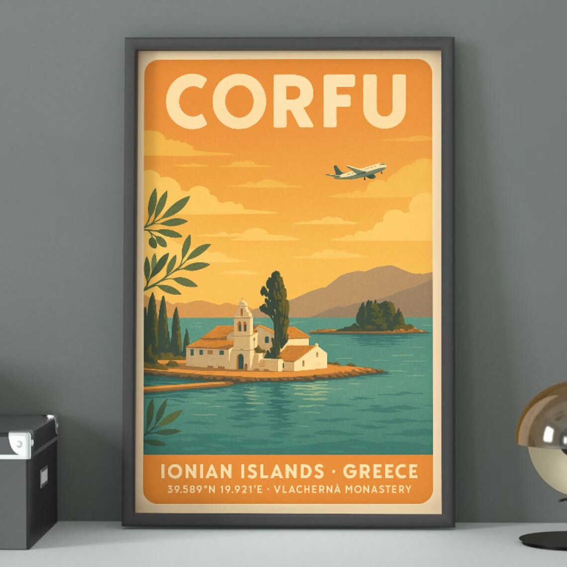 Corfu Greece Travel Poster Vlacherna Monastery Ionian Islands Sunset Art
