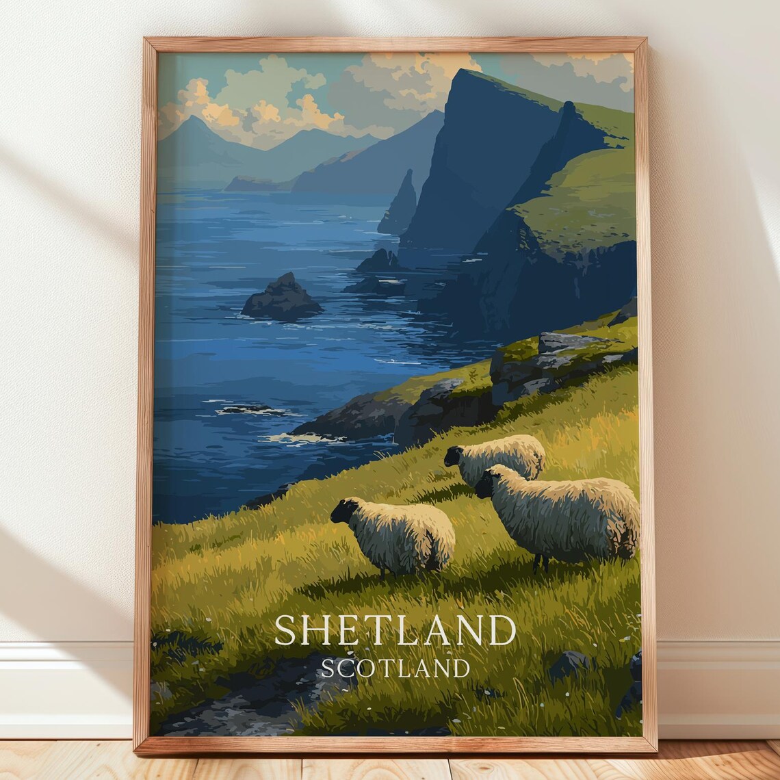 Shetland Scotland Sheep Cliffs Vintage Travel Poster Island Coast Art