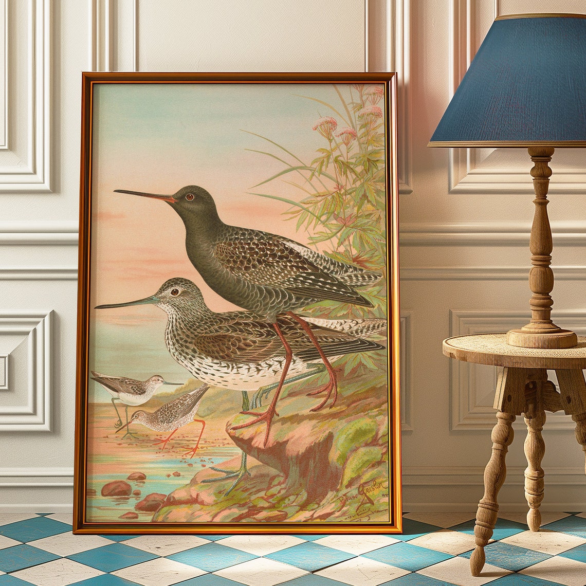 Spotted Redshanks Wading at Sunset Vintage Naturalist Shorebird Poster - Image 2