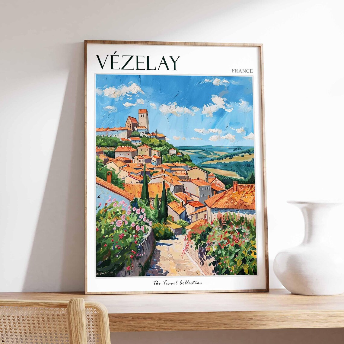 Vezelay France Village Rooftops Rose Path Painting Travel Poster