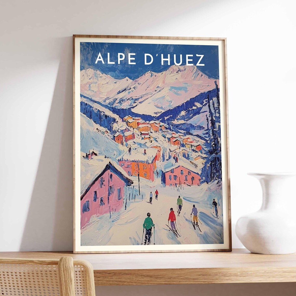 Alpe d'Huez French Alps Pink Chalet Ski Village Scene Poster