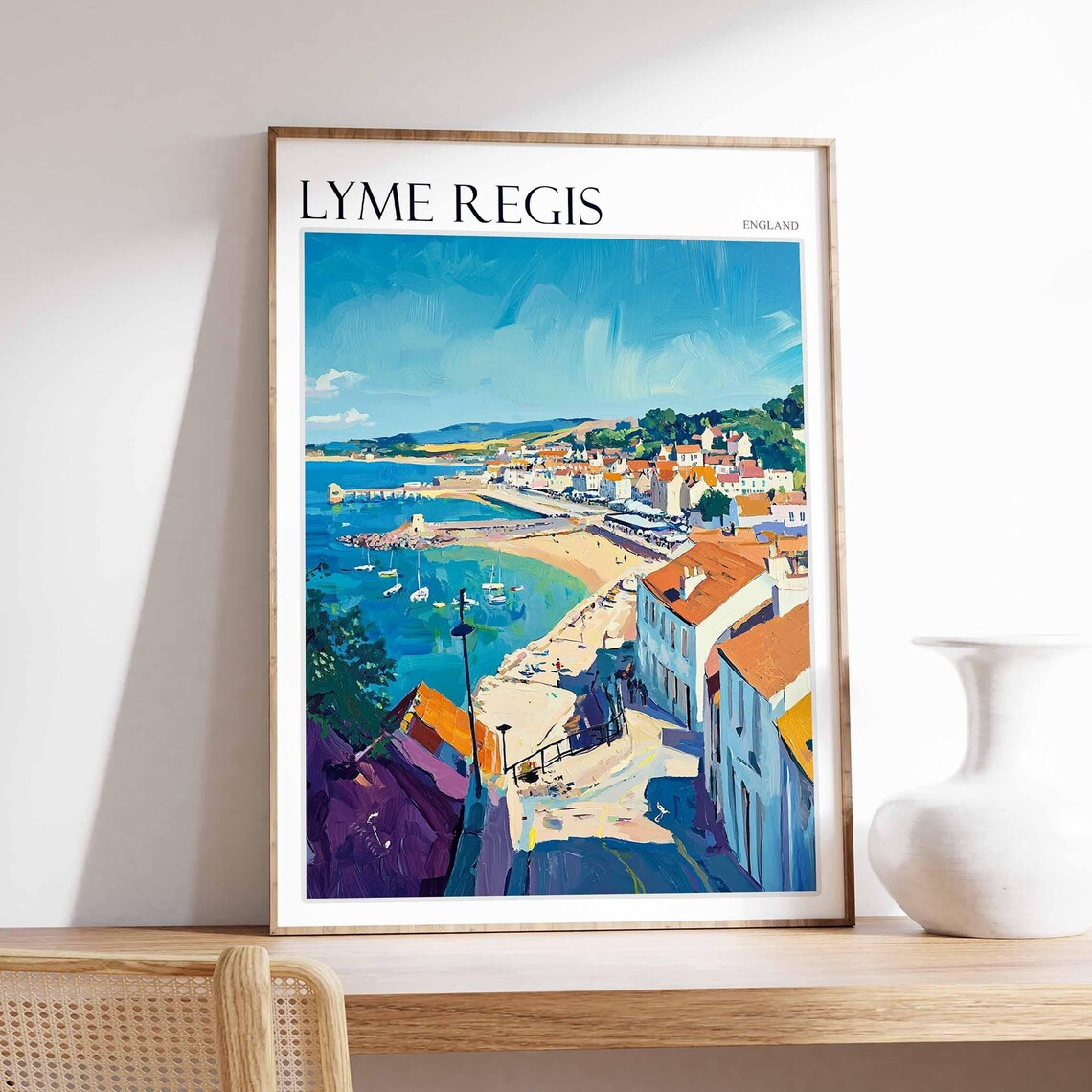 Lyme Regis England Hilltop View Over Town Harbor Boats Poster