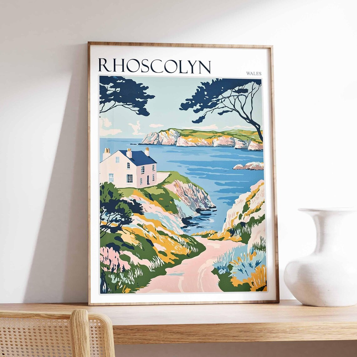 Rhoscolyn Wales Vintage Cliff Cottage Tree Framed Bay Poster