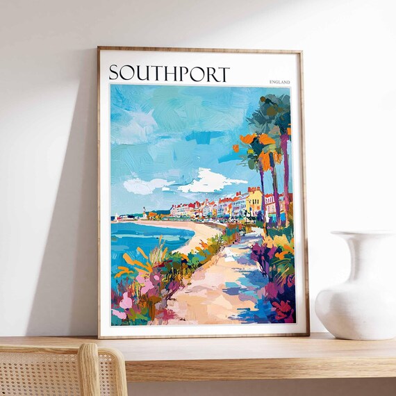 Southport England Colorful Palm Lined Coastal Seafront Path Poster