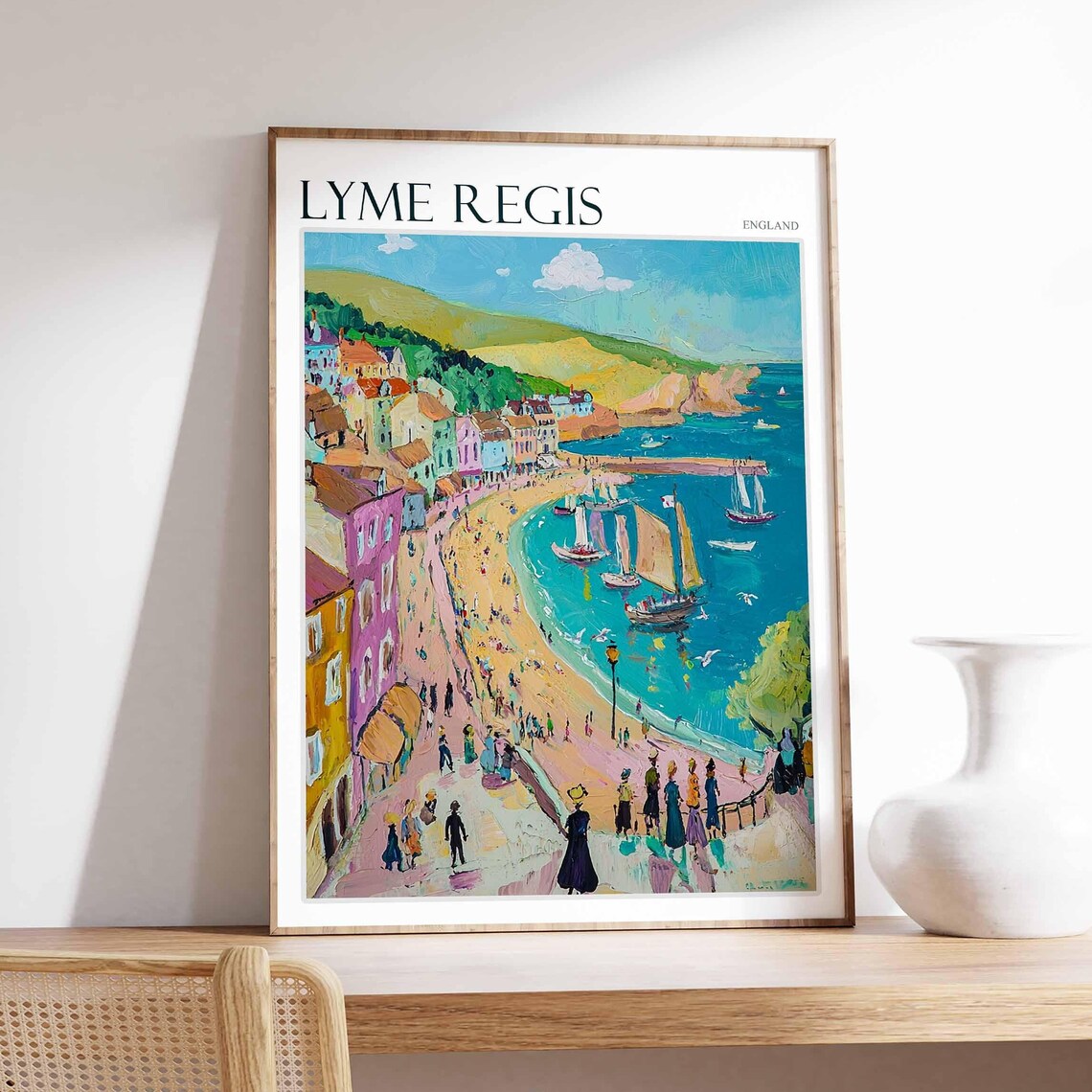 Lyme Regis England Harbor Colorful Beach Boats Seaside Poster