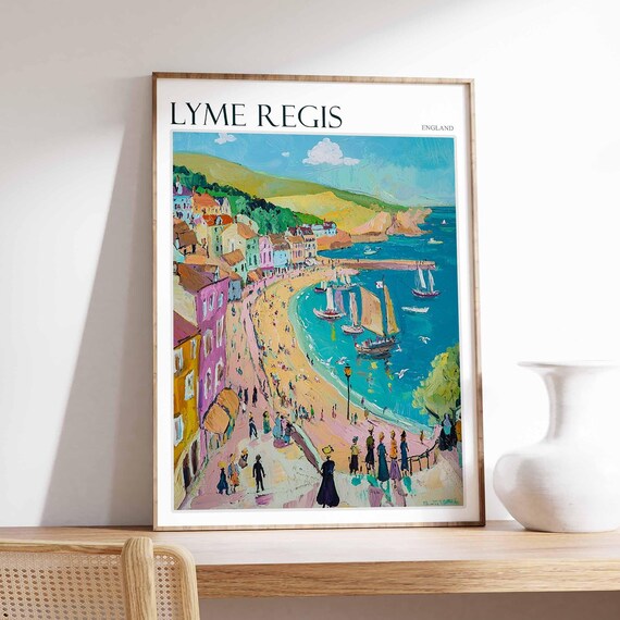 Lyme Regis England Harbor Colorful Beach Boats Seaside Poster
