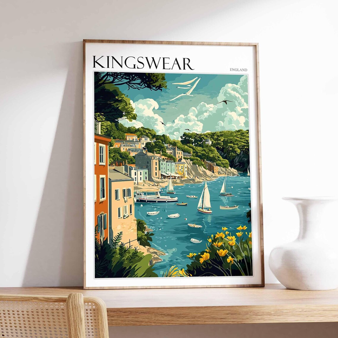 Kingswear England Sailboat Harbor Waterfront Houses Art Poster