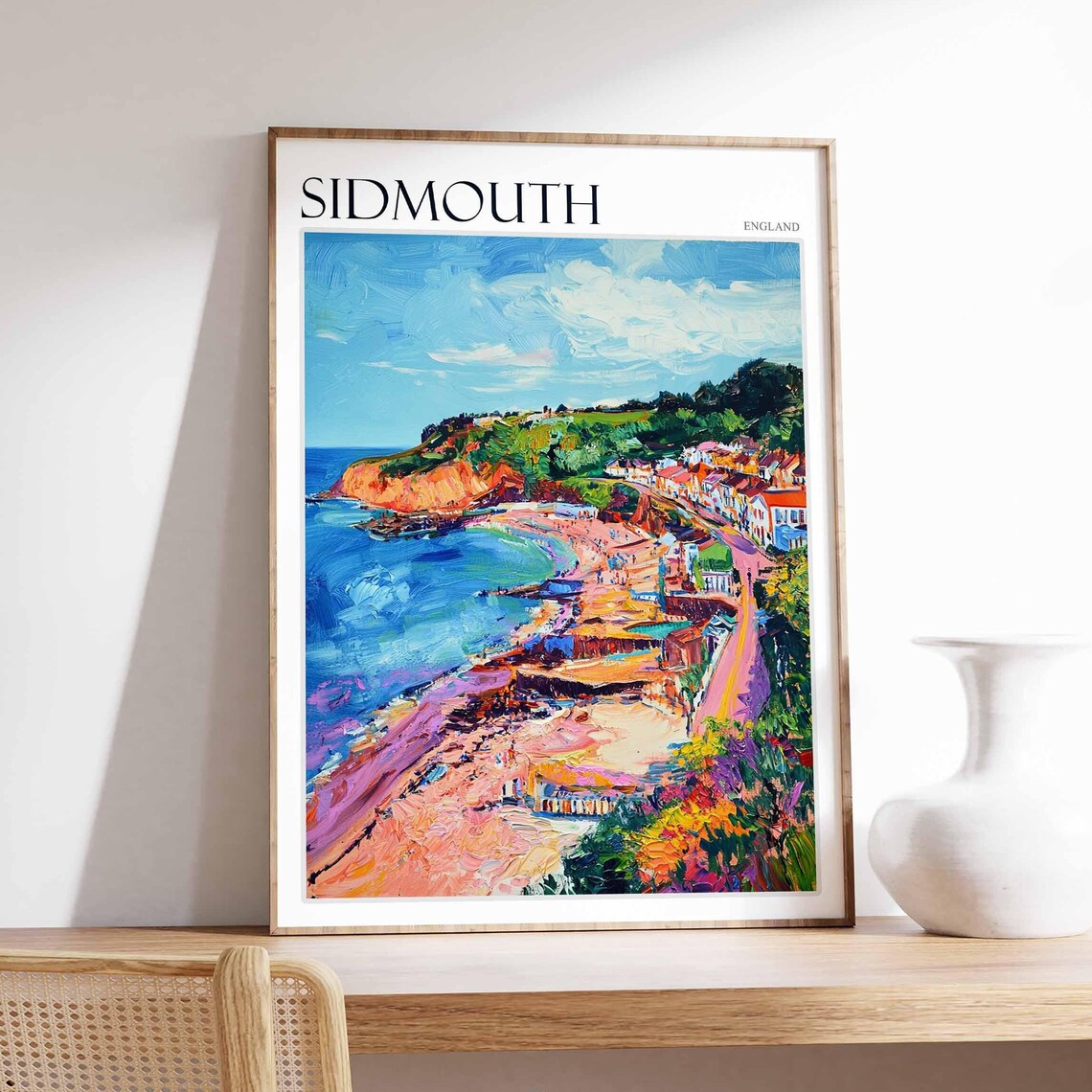 Sidmouth Impressionist Beach Painting Poster Red Cliffs England
