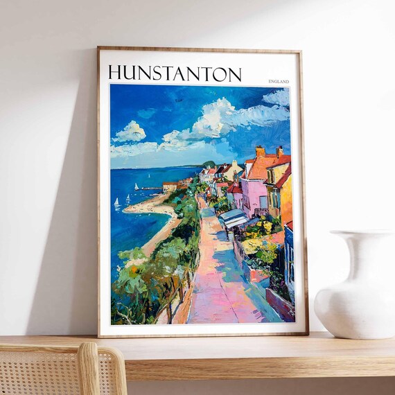 Hunstanton England Red Cliffs Colorful Cliff Top Houses Beach Poster