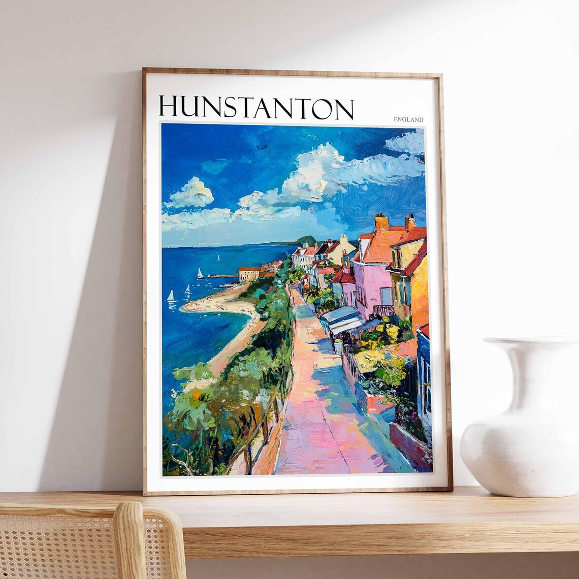 Hunstanton England Red Cliffs Colorful Cliff Top Houses Beach Poster