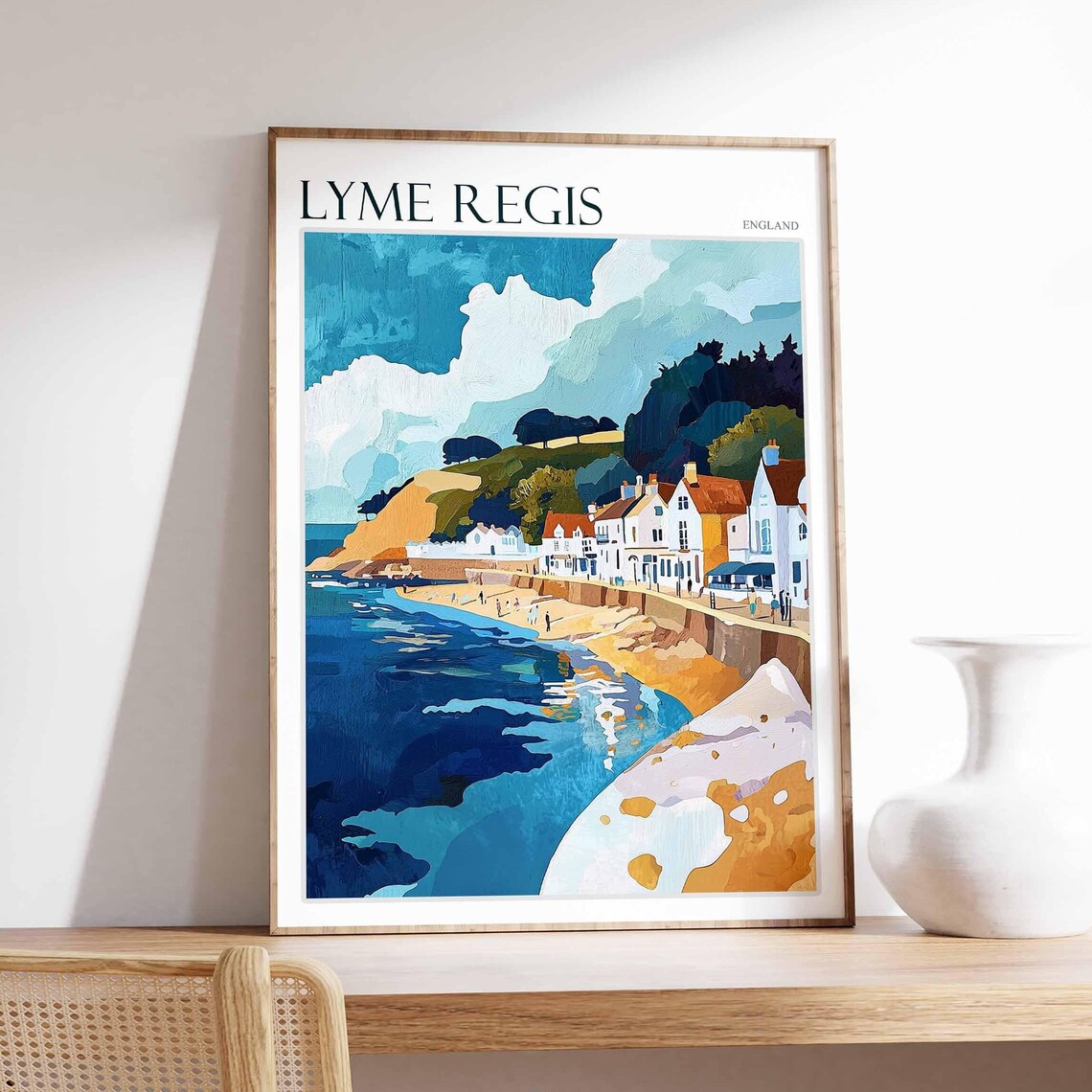 Lyme Regis England Coastal Road Cliffs Waves Houses Art Poster